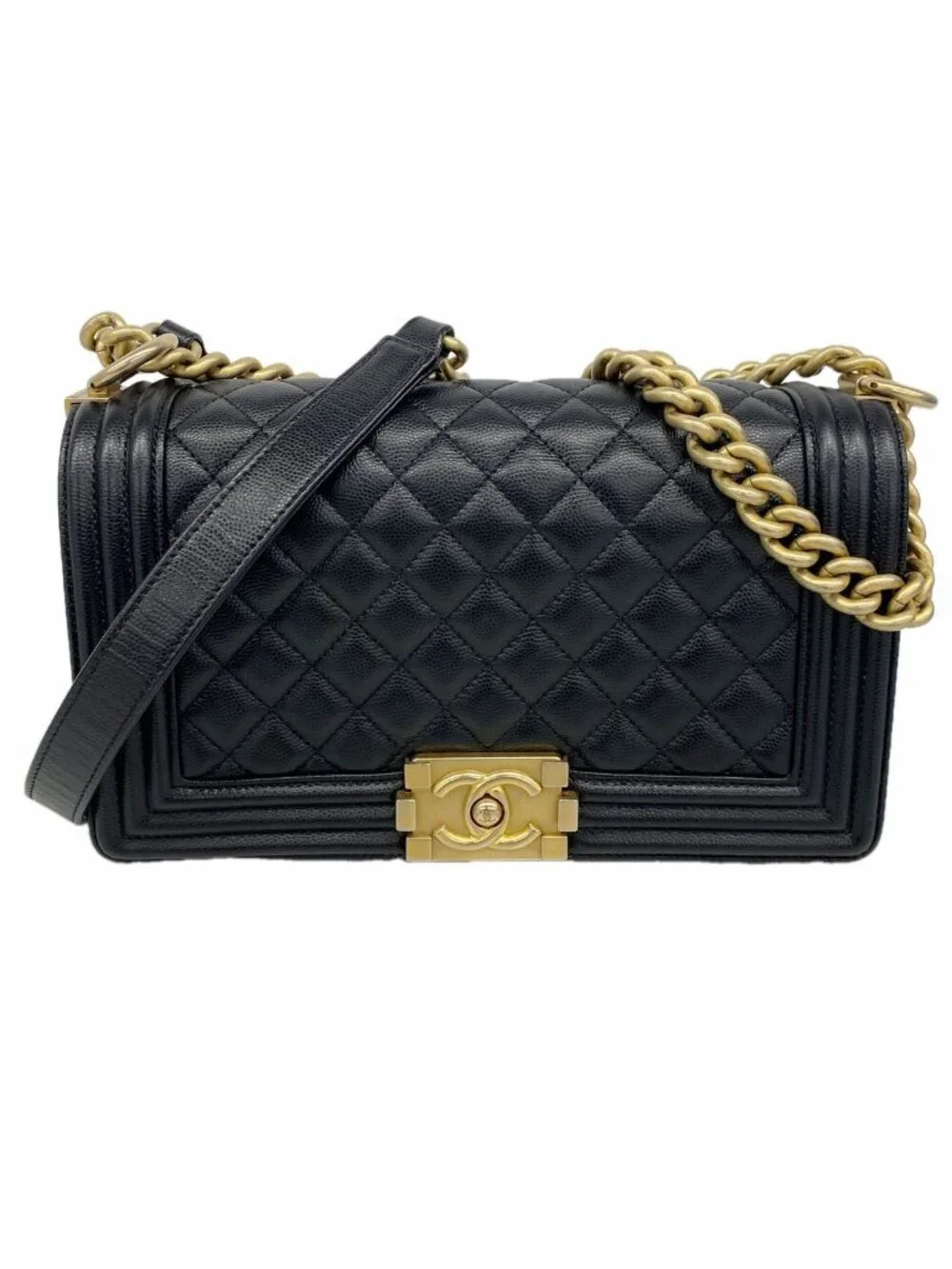 Chanel Shoulder Bag Boy Caviar Leather Black Champagne Gold
